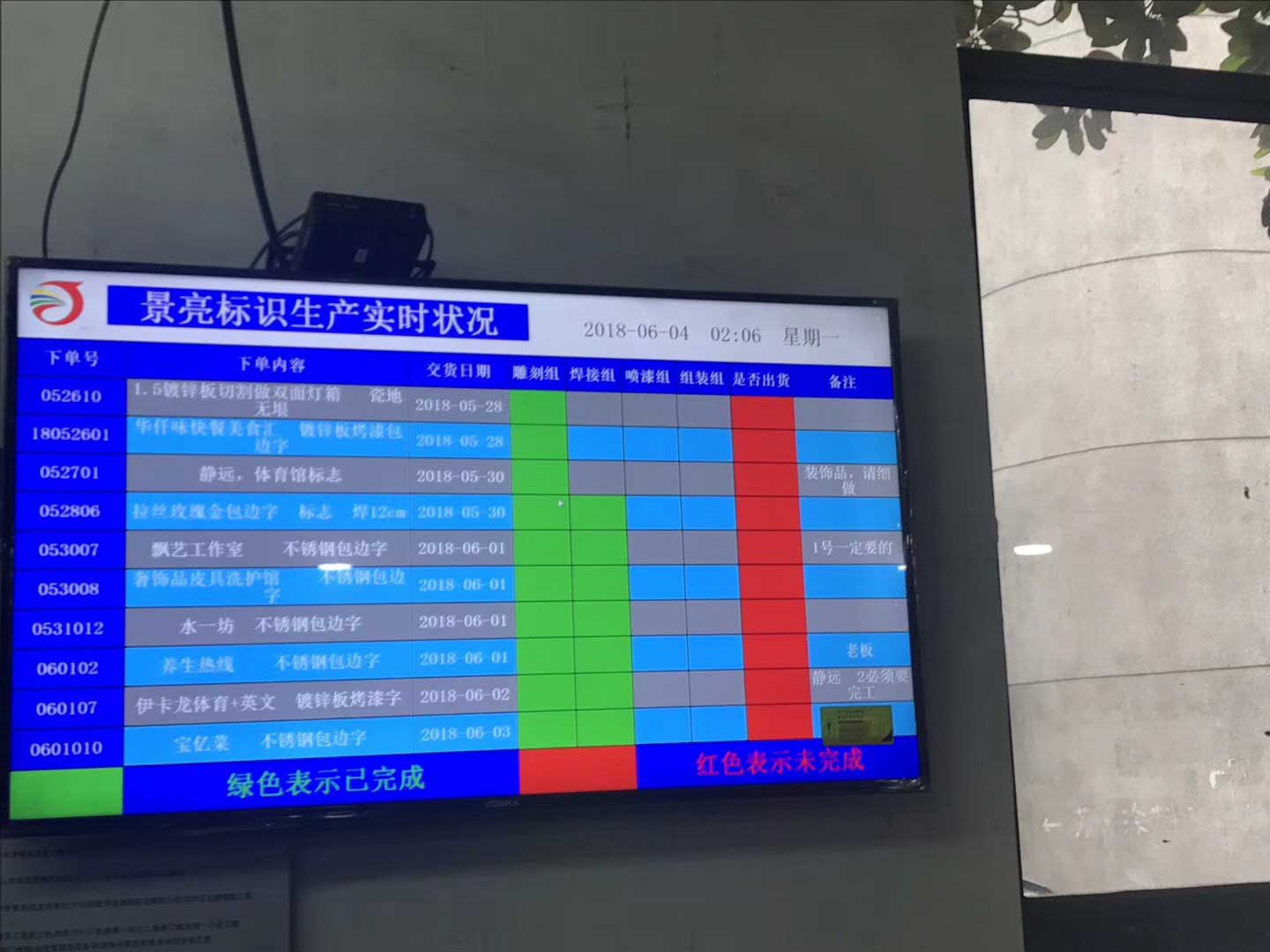 景亮标识生产实时状态液晶电视显示屏电子看板主要显示单号,订单内容